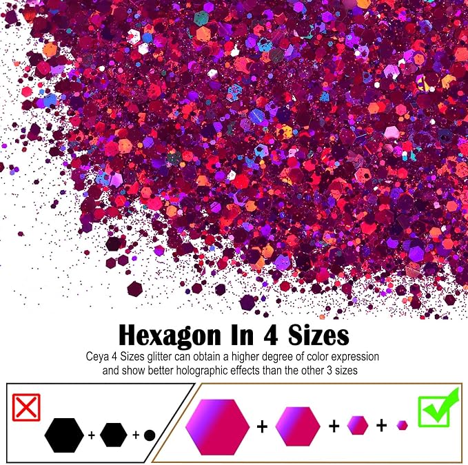 Ceya Holographic Chunky Glitter 4.9oz/ 140g Rose Red Craft Glitter Powder Mixed - Image 2