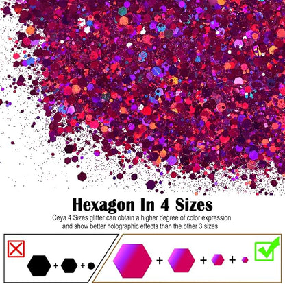 Ceya Holographic Chunky Glitter 4.9oz/ 140g Rose Red Craft Glitter Powder Mixed - Image 2