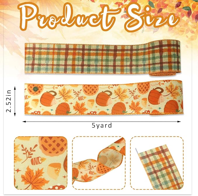 Threetols 2 Rolls 10 Yards Fall Wired Edge Ribbons, 2.5inch Orange Plaid Burlap - Image 2