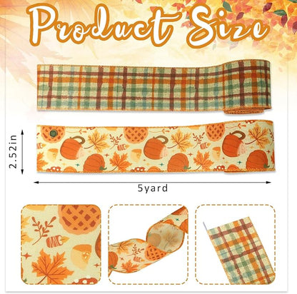 Threetols 2 Rolls 10 Yards Fall Wired Edge Ribbons, 2.5inch Orange Plaid Burlap - Image 2