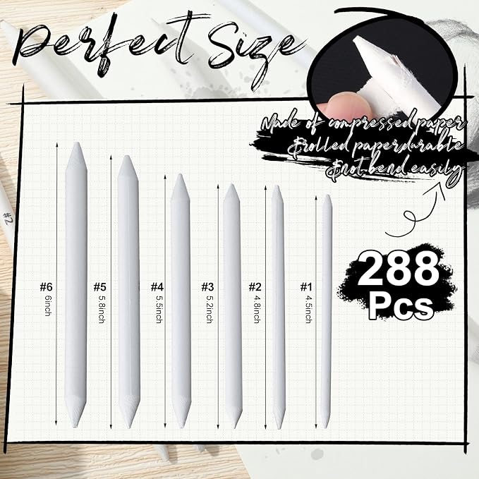 Fulmoon 288 Pcs Blending Stump and Tortillion Set Paper Art Blenders Blend - Image 2