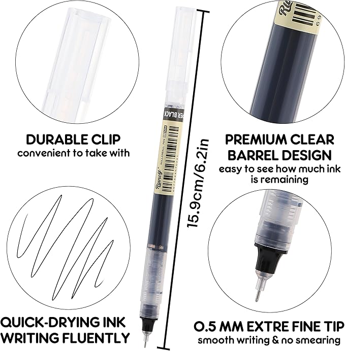 RIANCY 12 Pack Black Liquid Ink Rollerball Gel Pens, 0.5mm Extra Fine Point Tip - Image 2