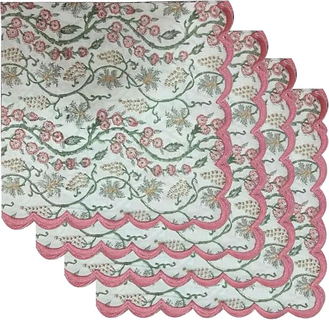 Ridhi Coral Pink Hand Block Print Napkins 18" x 18" Set of 4 Reusable Cotton by Ridhi