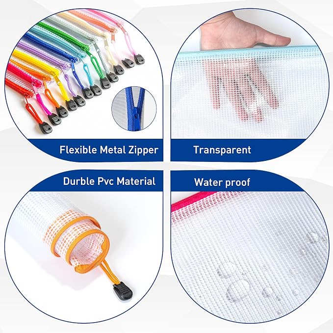 9pcs A4 Mesh Zipper Pouch Bags, 9 Colors, PVC Material, Transparent, Zip Closure - Image 3