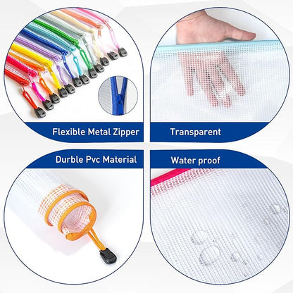 9pcs A4 Mesh Zipper Pouch Bags, 9 Colors, PVC Material, Transparent, Zip Closure - Image 3
