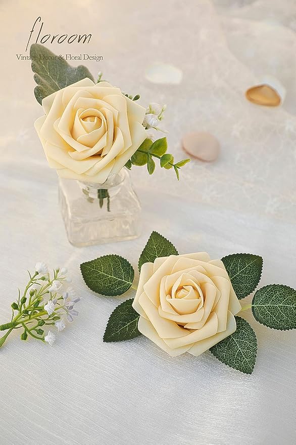 Floroom Artificial Flowers 25pcs Real Looking Creamy Yellow Foam Fake Roses - Image 5