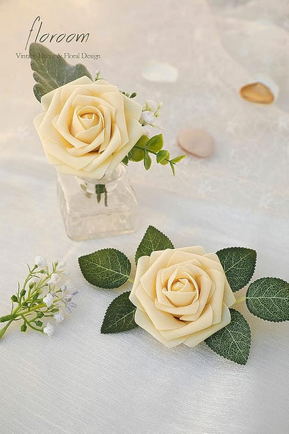 Floroom Artificial Flowers 25pcs Real Looking Creamy Yellow Foam Fake Roses - Image 5