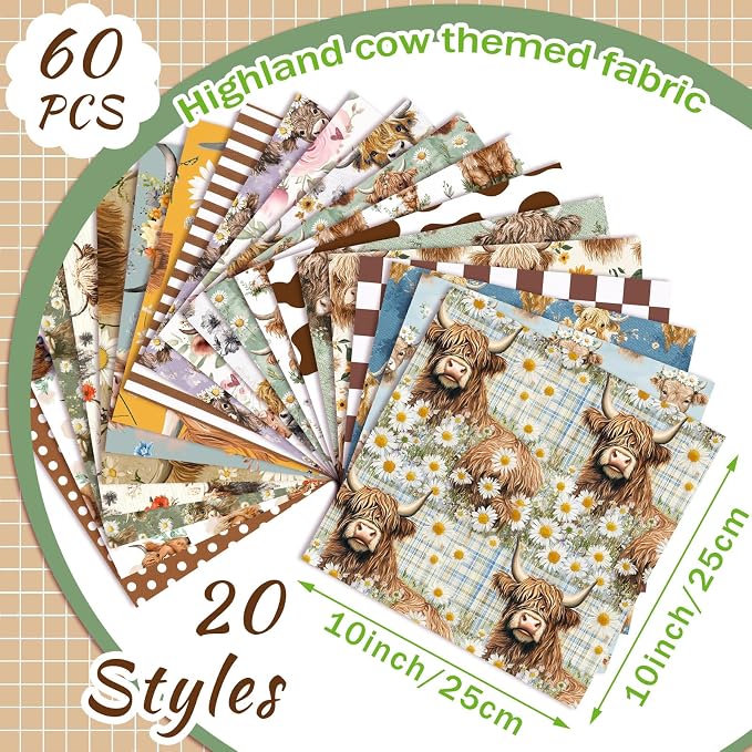 Ganeen 60 Pcs 10 x 10 Inch Highland Cow Quilting Fabric Squares Vintage - Image 2