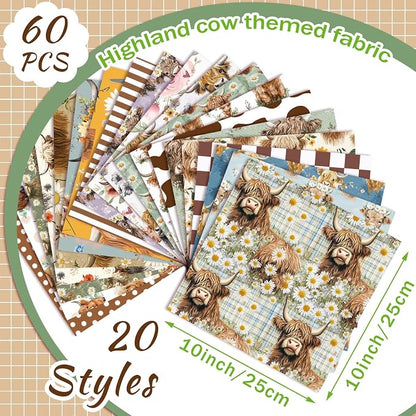 Ganeen 60 Pcs 10 x 10 Inch Highland Cow Quilting Fabric Squares Vintage - Image 2