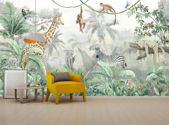 Kids Wallpaper Tropical Leves and Safari Animals Wall Mural - Image 8