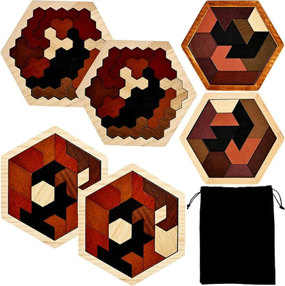 6 Pack Wooden Hexagon Tangram Puzzle Wood Tangram Block Puzzle Set by Swakuta