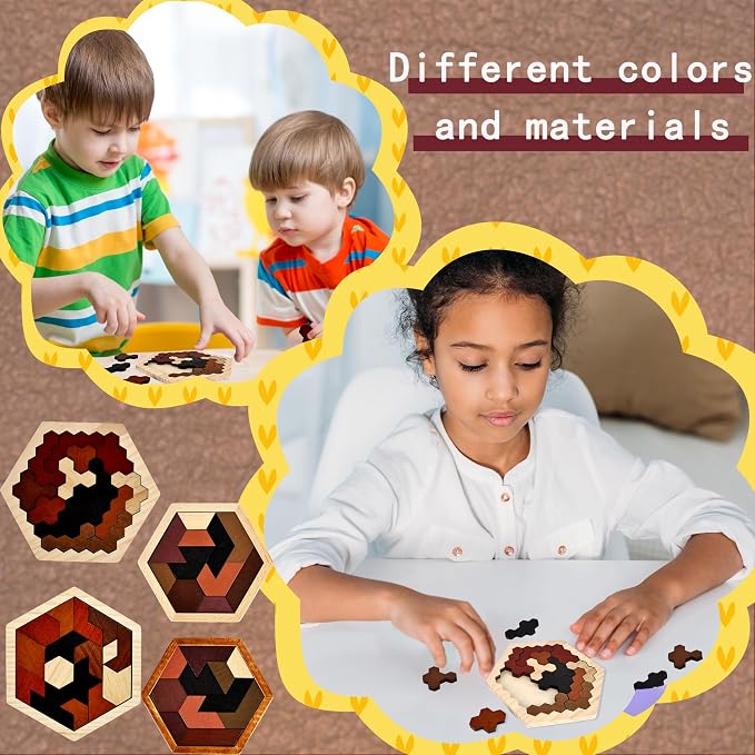 6 Pack Wooden Hexagon Tangram Puzzle Wood Tangram Block Puzzle Set - Image 5