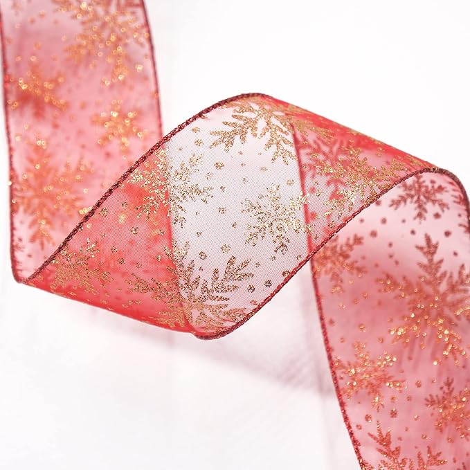 CT CRAFT LLC Organza with Red Glitter Snowflakes Wired Ribbon 2.5 inch x 50 - Image 6