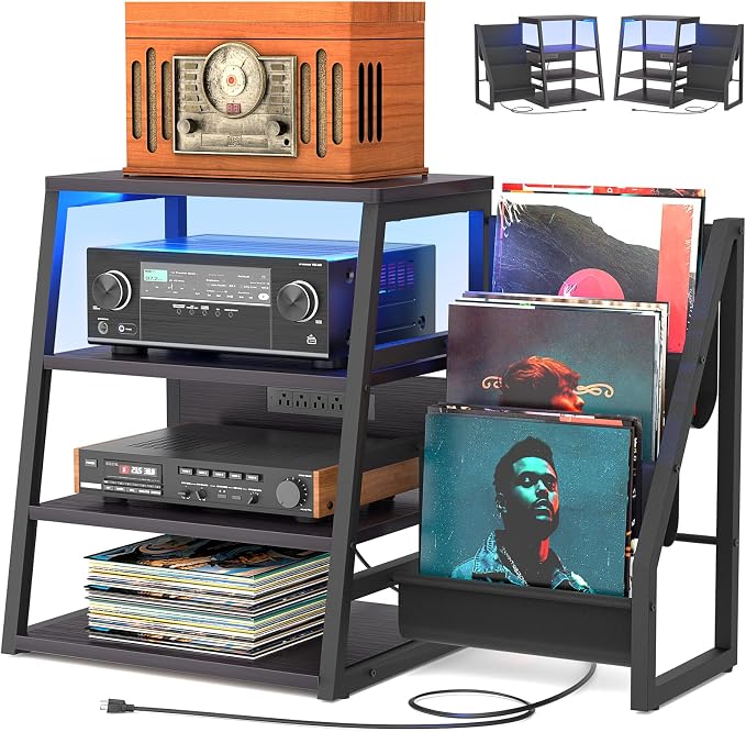 AV Media Stand with Outlets, Stereo Stands and Racks with Vinyl Storage by Besiost