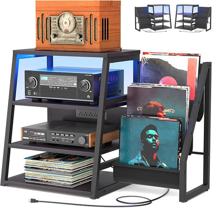 AV Media Stand with Outlets, Stereo Stands and Racks with Vinyl Storage by Besiost