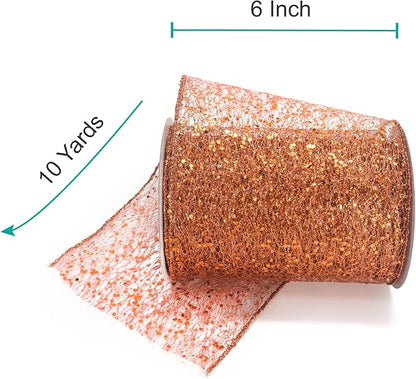 CT CRAFT LLC Sparkling Glitter Mesh Wired Ribbon 6" x 10 Yards Bronze Orange - Image 2