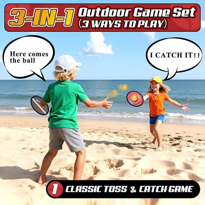 3-in-1 Toss and Catch Ball Game Set, Kids Toddler Baseball Glove, Beach Games - Image 2