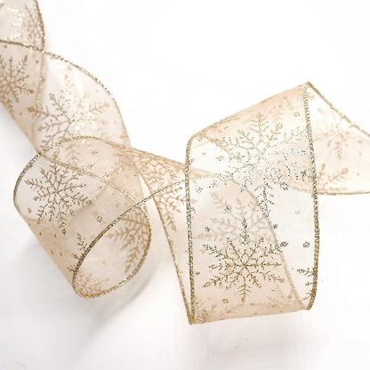CT CRAFT LLC Organza with Champagne Gold Glitter Snowflakes Wired Ribbon 2.5 - Image 4