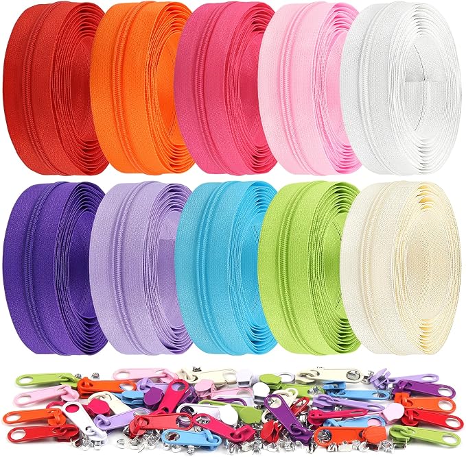 DOITEM 31 Yards 10 Pieces Sewing Zippers #3 Nylon Coil Zippers 10 Colors by DOITEM