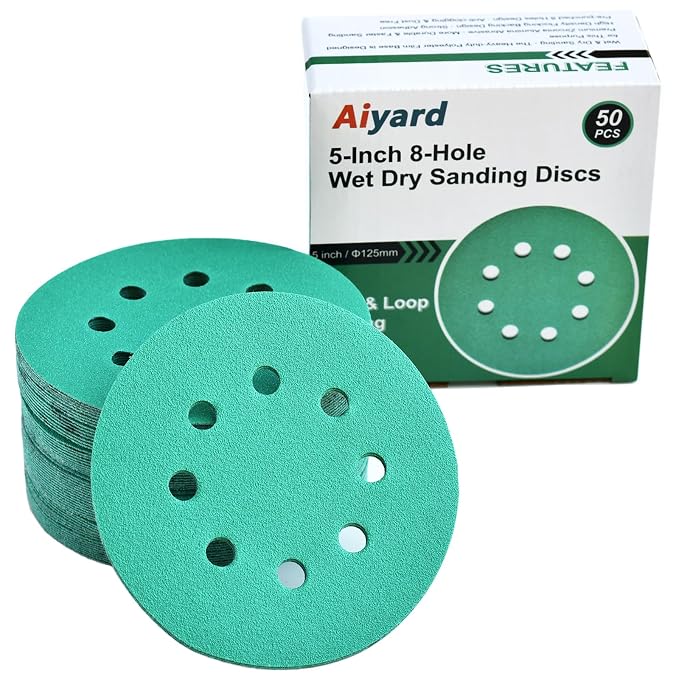 5-Inch 8-Hole Wet Dry Sanding Discs 100 Grit, Polyester Film Backed Heavy-Duty by Aiyard