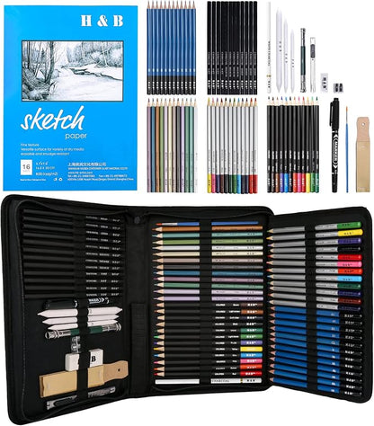 H & B 72PCS Drawing Supplies Sketching Set, Art Kit include Drawing & Colored by HB