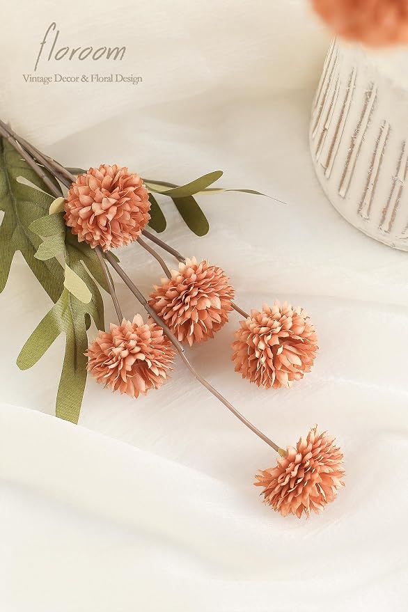 Floroom 5pcs Burnt Orange Faux Silk Mums Artificial Flowers, Bulk Fake Small - Image 3