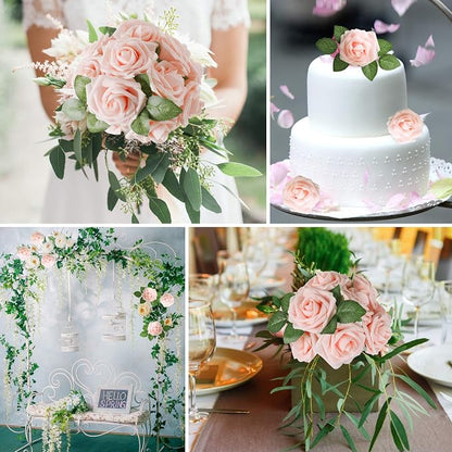 AmyHomie Artificial Flower Blush Pink Rose 25pcs Real Looking Fake Roses w/Stem - Image 4