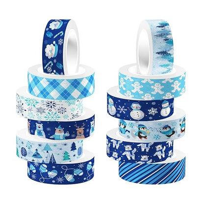 12 Rolls Winter Washi Tape Set Blue White Snowflake Snowman Holiday Masking by Unknown