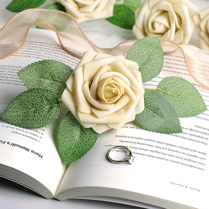 AmyHomie 25pcs Real Looking Artificial Beige Roses w/Stem - Image 7