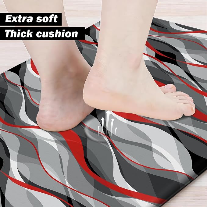 Kitchen Mats for Floor Modern Abstract kitchen rugs Grey and Red Stripe Anti - Image 5
