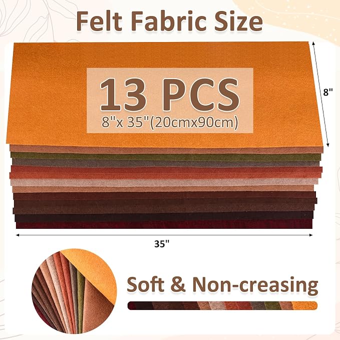 XSEINO 13 Rolls 8"x35" 1.4mm Thick Soft Felt Fabric Sheet 13 Assorted Dark - Image 3