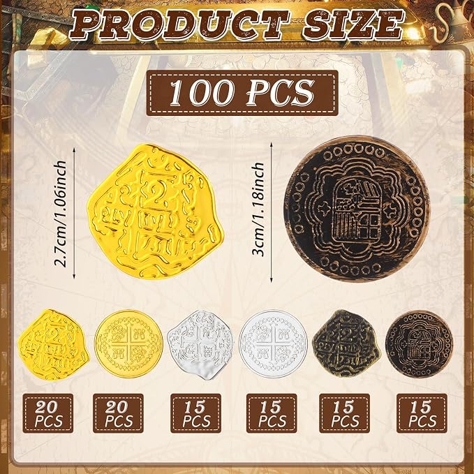 Hanaive 100 Pcs Pirate Coins Plastic Coins Kids Fake Play Coins Replica Spanish - Image 2