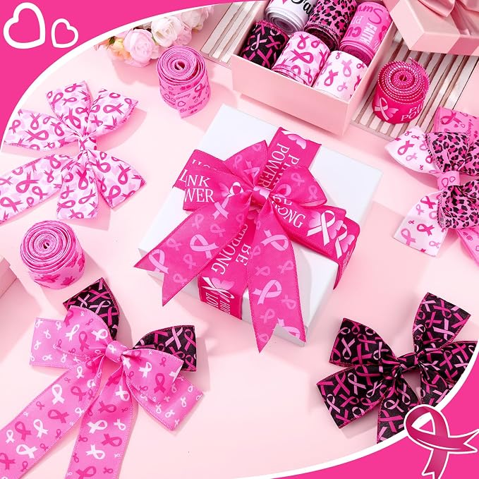 12 Rolls 60 Yards Breast Cancer Awareness Wired Edge Ribbon Pink Butterfly - Image 3