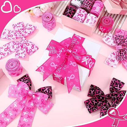 12 Rolls 60 Yards Breast Cancer Awareness Wired Edge Ribbon Pink Butterfly - Image 3