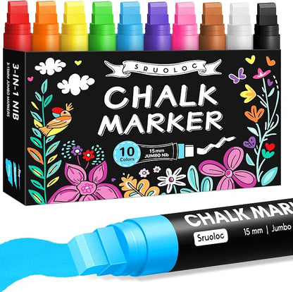 Window Chalk Markers for Glass Washable, 10 Colors Jumbo Liquid Chalk Marker by Sruoloc