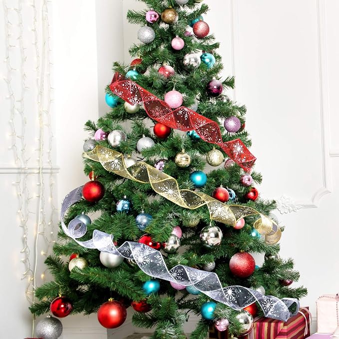 2.5 Inch Wide Christmas Wired Ribbon Snowflake Organza Sheer Glitter Ribbon - Image 4