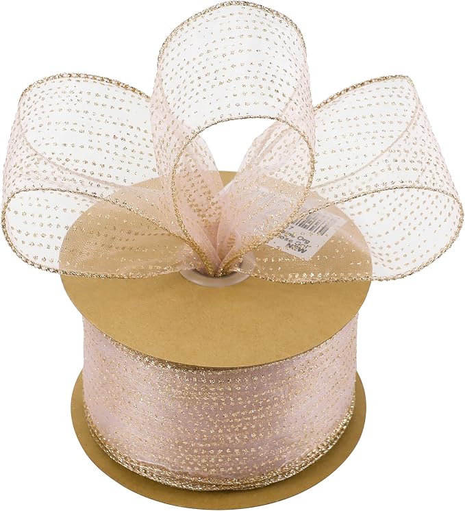 MEEDEE Rose Gold Sheer Glitter Wired Ribbon 2.5 Inch Horizontal Stripes Polka - Image 7
