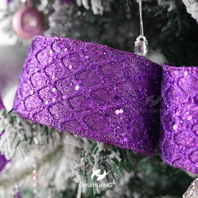HUIHUANG Purple Wired Ribbon for Christmas Tree 2.5 inch Purple Glitter Diamond - Image 4