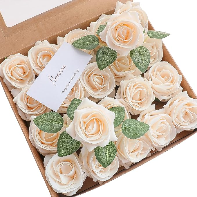 Floroom Artificial Flowers 20pcs Real Looking Cream High-Centered Foam Fake by Floroom