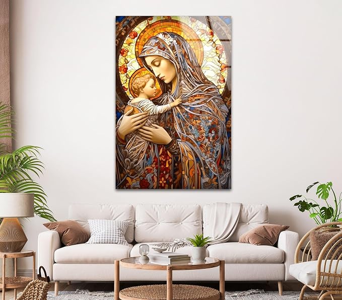My Photostation.com Round 24'' Jesus and Virgin Mary Glass Wall Art Tempered - Image 4