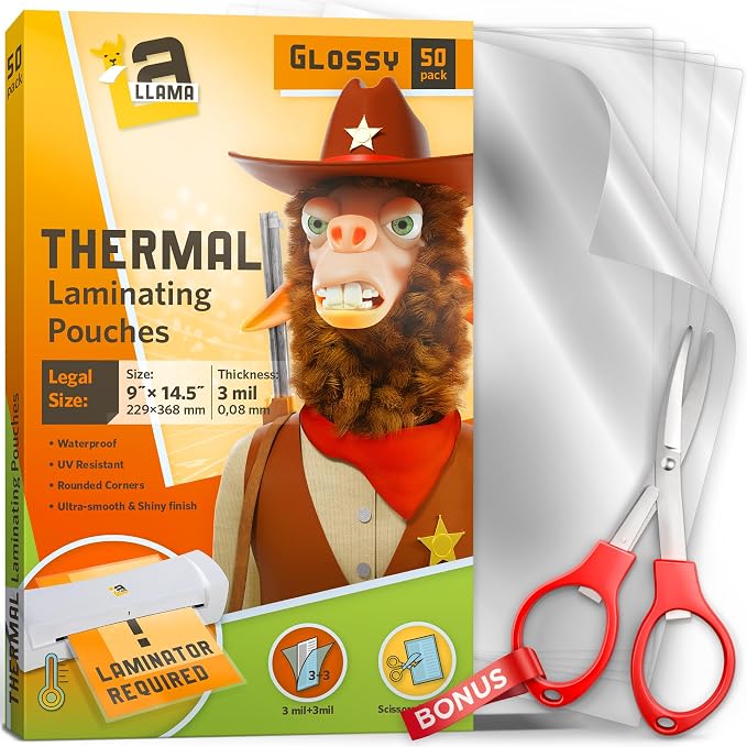 50 Pack Thermal Laminating Pouches 9” x 14.5”, 3 Mil Thick, Suited by LaLlama
