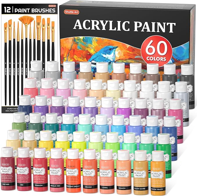 72 Pack Acrylic Paint Set, Shuttle Art 60 Colors Acrylic Paint Including Extra by ShuttleArt