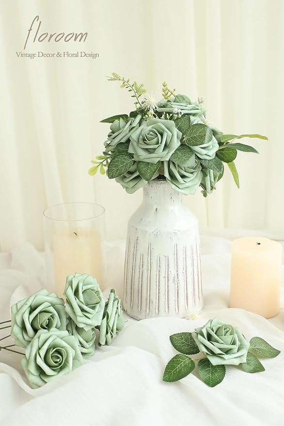 Floroom Artificial Flowers 50pcs Real Looking Elf Green Foam Fake Roses - Image 2