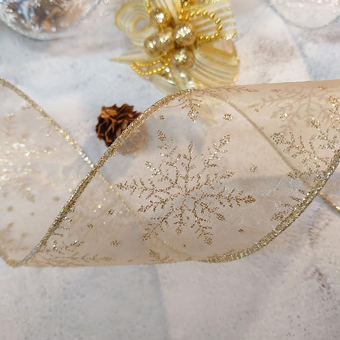 CT CRAFT LLC Organza with Champagne Gold Glitter Snowflakes Wired Ribbon 2.5 - Image 6