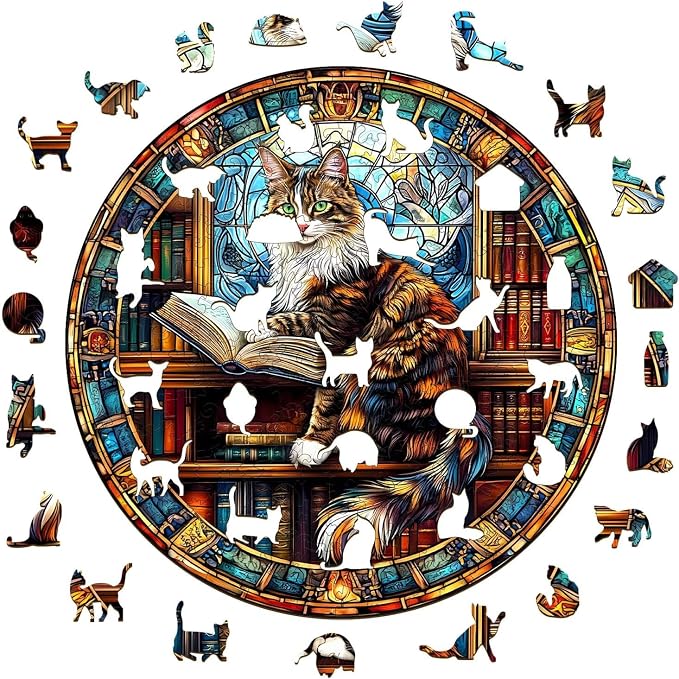 Wooden Puzzles Adults, Maine Cat Library Wooden Puzzles 100 Pieces, Unique - Image 8