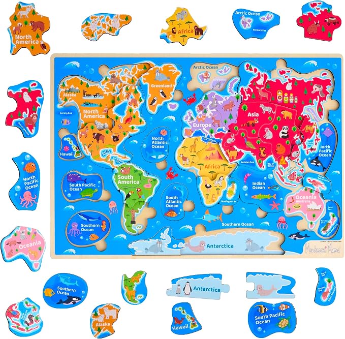 Montessori Mama World Map Wooden Puzzle, Continents and Oceans Puzzles by MontessoriMama