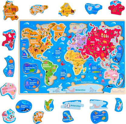 Montessori Mama World Map Wooden Puzzle, Continents and Oceans Puzzles by MontessoriMama