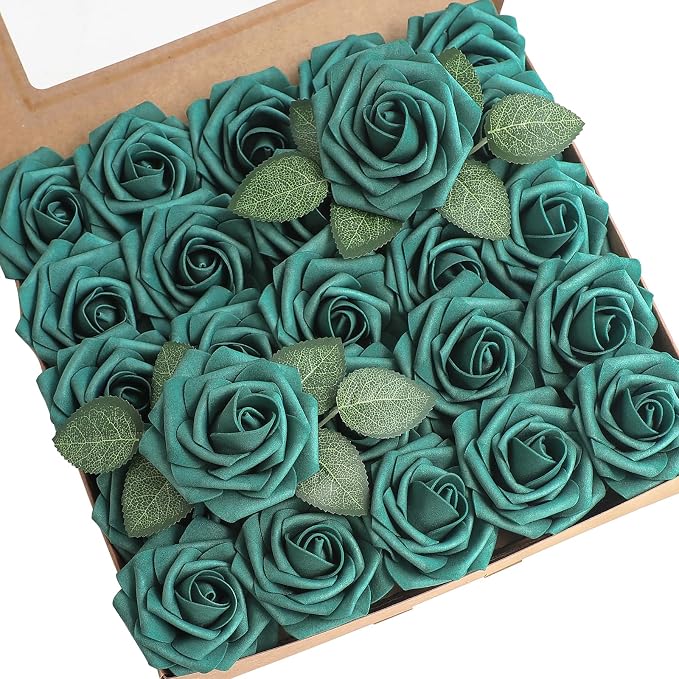 Floroom Artificial Flowers 25pcs Real Looking Dark Teal Foam Fake Roses by Floroom