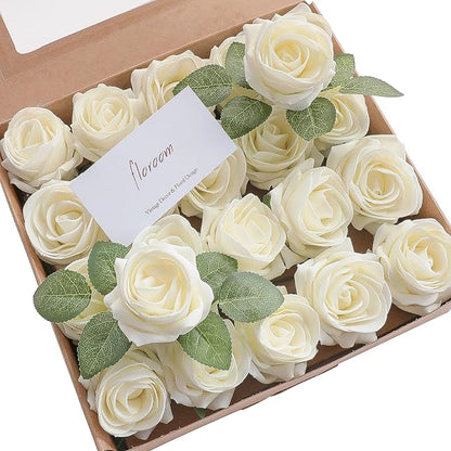 Floroom Artificial Flowers 20pcs Real Looking Ivory High-Centered Foam Fake by Floroom