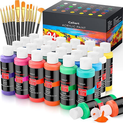 Caliart Acrylic Paint Set With 12 Brushes, 24 Colors Art Craft Paints by Caliart